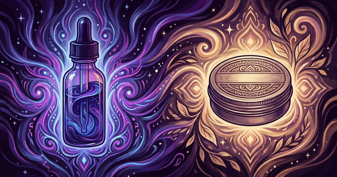 A split, psychedelic festival-lit portrait of a bearded wook: one half glossy and oil-soft, the other sculpted and balm-shaped, washed in swirling sunset purples and golds.