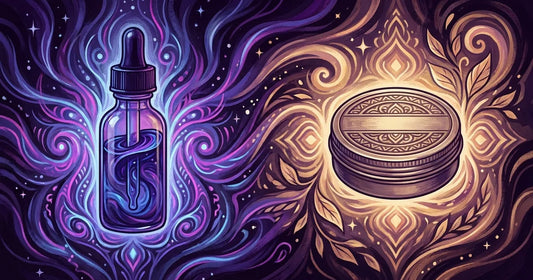 A split, psychedelic festival-lit portrait of a bearded wook: one half glossy and oil-soft, the other sculpted and balm-shaped, washed in swirling sunset purples and golds.