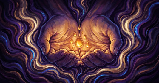 A festival-lit portrait of a long, healthy beard catching a soft golden glow instead of a wet sheen, swirls of psychedelic color drifting behind it at dusk.