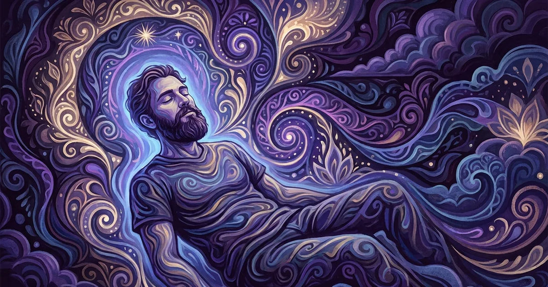 A festival wook with a long, healthy beard under swirling neon desert light, calm and un-itchy amid the psychedelic haze.