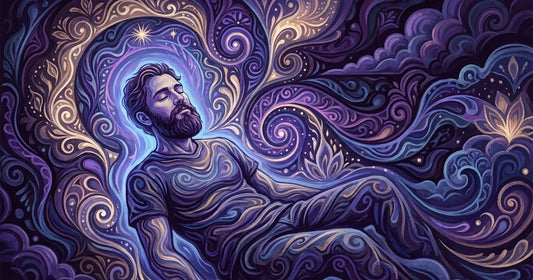A festival wook with a long, healthy beard under swirling neon desert light, calm and un-itchy amid the psychedelic haze.