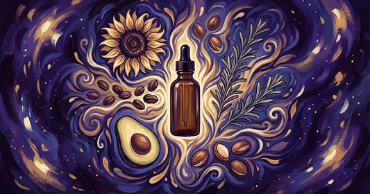 A psychedelic festival-lit still life of amber beard oil bottles surrounded by sunflowers, jojoba seeds, avocados, and argan nuts glowing in swirling golden light.