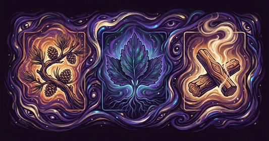 Three amber bottles of beard oil glowing against a psychedelic festival sunset of swirling colors, with wisps of cedar smoke, patchouli haze, and warm sandalwood light.