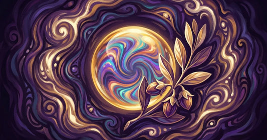 A golden droplet of jojoba oil suspended over a wild festival beard, refracting psychedelic sunset light into ripples of amber and violet.