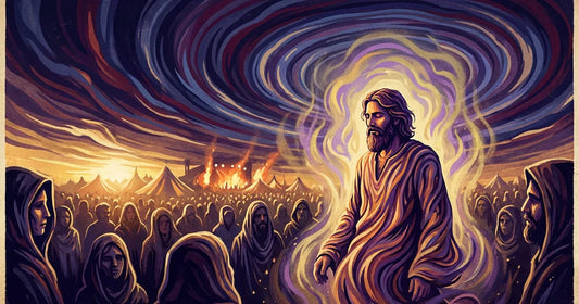 A festival-goer with a dusty, sun-lit wild beard standing against a psychedelic sunset over a crowded desert festival field, looking weathered but unbroken.