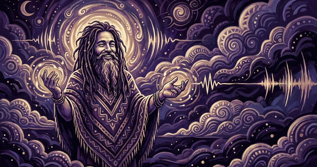 A barefoot, bearded festival-goer draped in a patterned tapestry at golden hour, dust in the air and a drum circle glowing behind them, looking blissfully unbothered.
