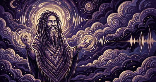 A barefoot, bearded festival-goer draped in a patterned tapestry at golden hour, dust in the air and a drum circle glowing behind them, looking blissfully unbothered.