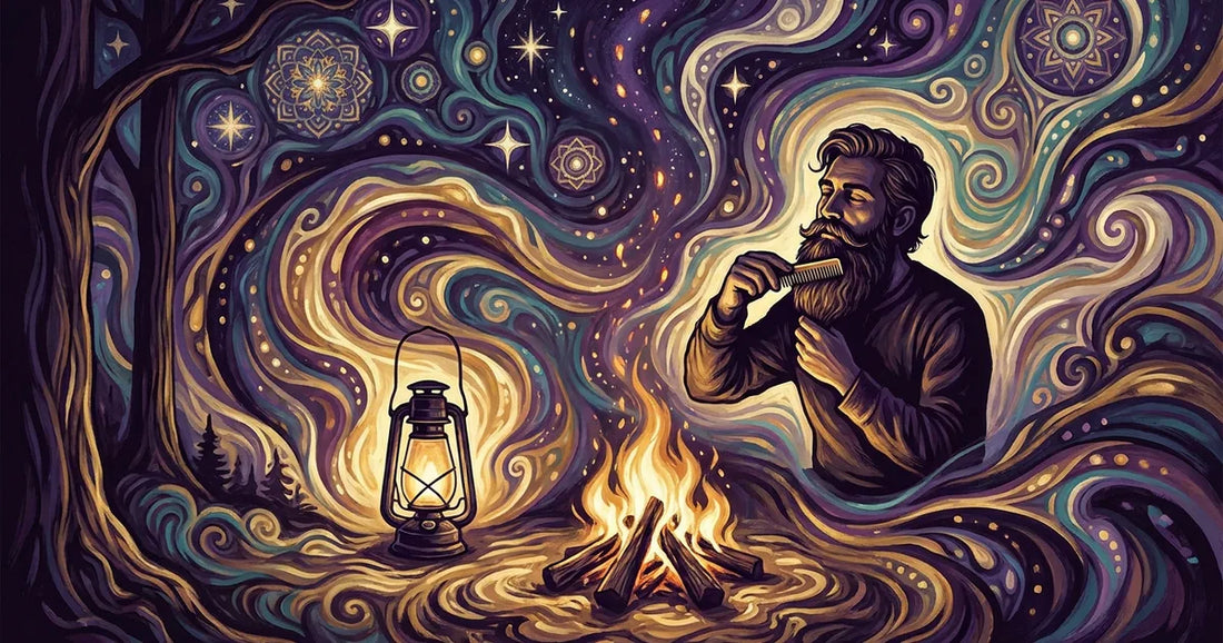 A festival-goer at a desert campsite at golden hour, brushing a long wild beard beside a tent, kaleidoscopic dust and warm psychedelic light swirling around him, no water in sight.
