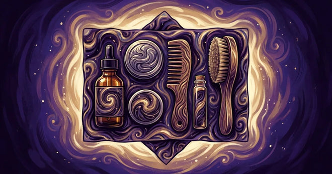 A festival-goer's beard-care kit laid out on a dusty flannel at golden hour - a bottle of beard oil, a tin of balm, and a wooden comb glowing against psychedelic tapestries and string lights.