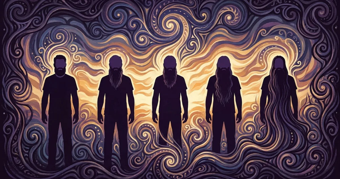 Five bearded silhouettes in a row against a rippling amber-and-violet sunset, each beard longer than the last, like frames of a slow transformation.