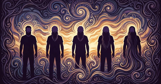 Five bearded silhouettes in a row against a rippling amber-and-violet sunset, each beard longer than the last, like frames of a slow transformation.