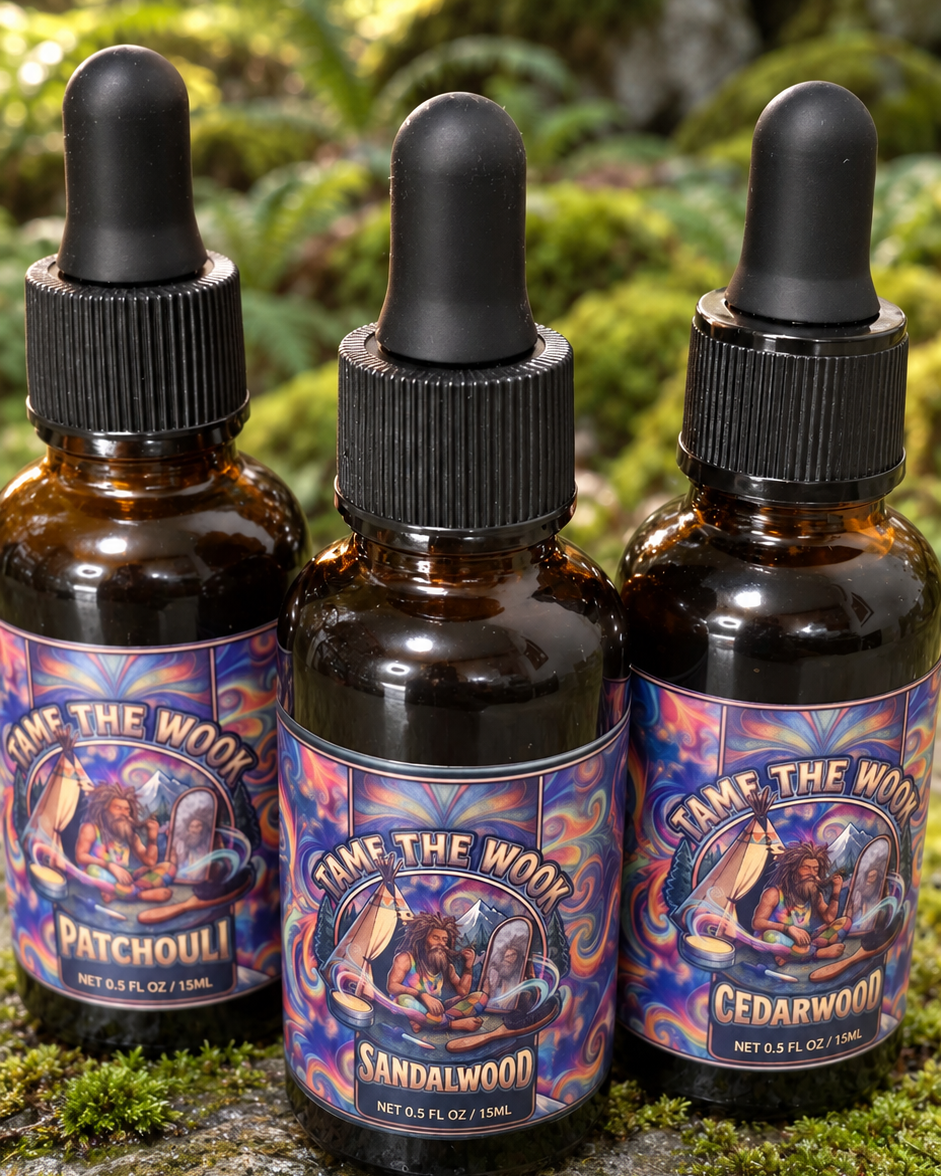 The Potion Sampler: three 0.5 fl oz beard oils (Patchouli, Sandalwood, Cedarwood) on moss