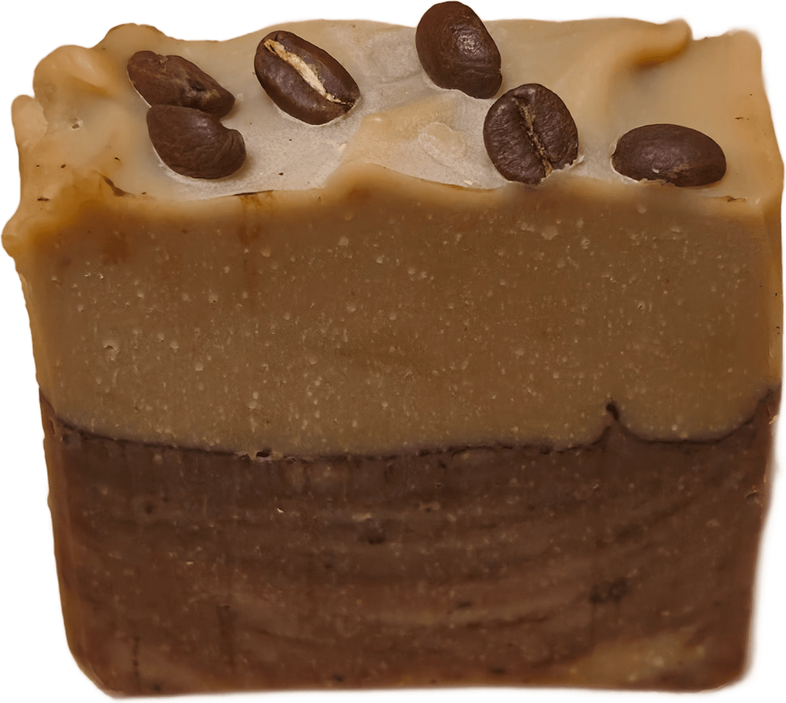 Wook-Away Brewed Awakening cold-process soap bar: cream, latte and dark-roast layers topped with coffee beans