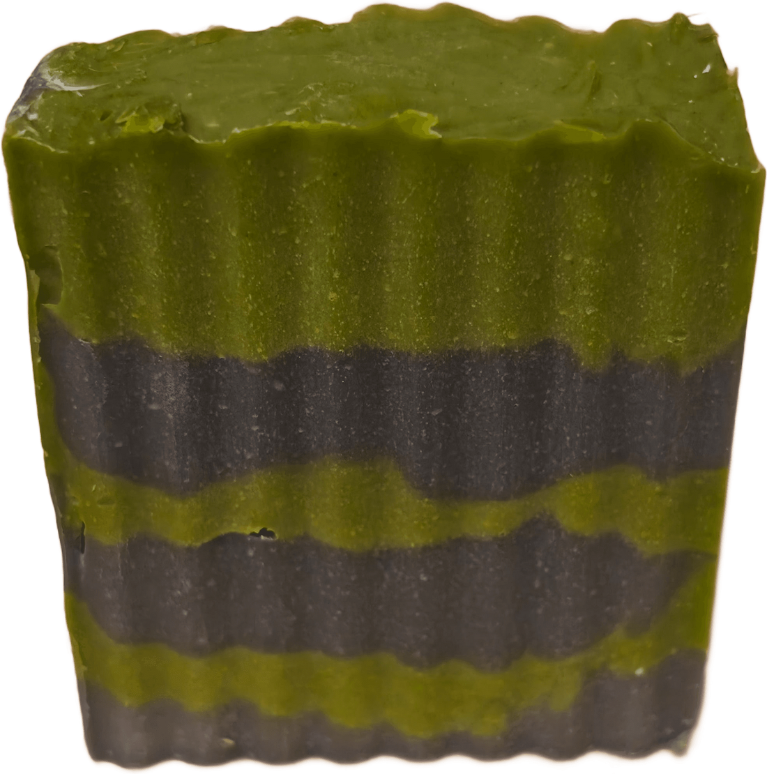 Wook-Away Tree Hugger cold-process soap bar: green layers with near-black bands