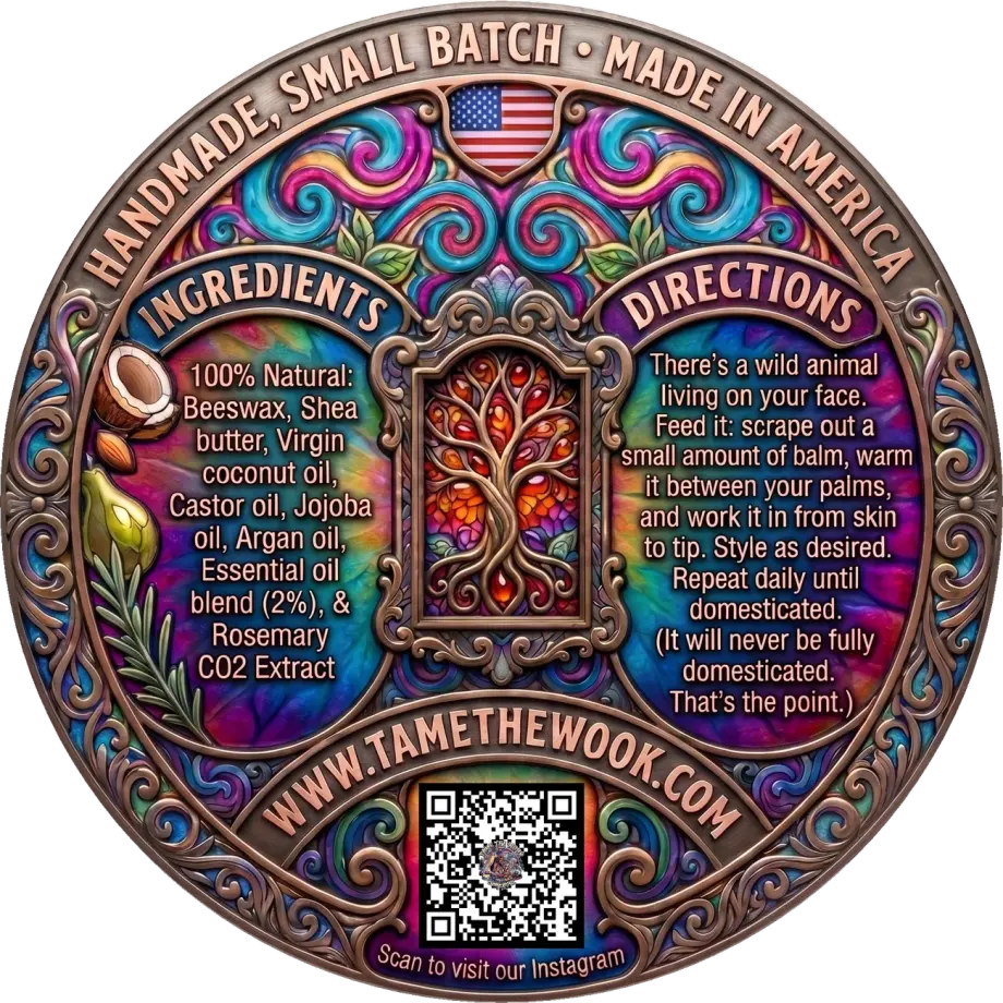 Tame the Wook beard balm back label — ingredients and directions